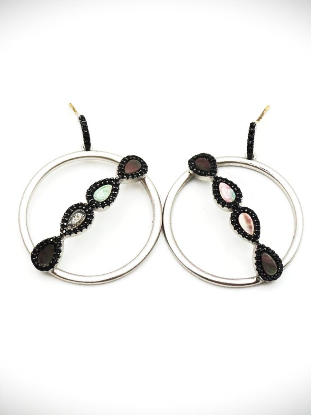 FREIDA ROTHMAN Sterling Silver Black Lip Mother of Pearl & CZ Hoop Earrings